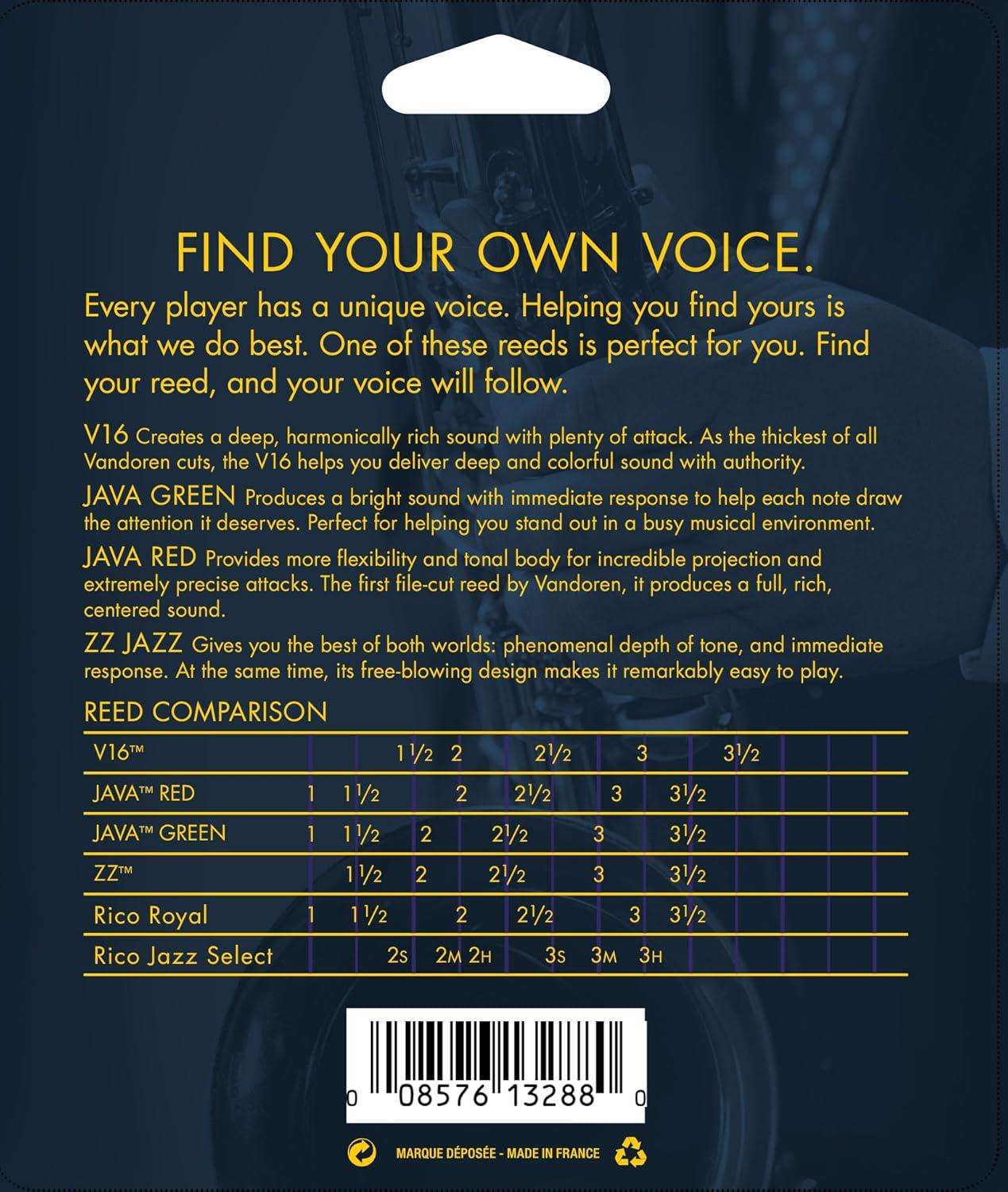 imageVandoren SRMIXS3 Soprano Sax Jazz Reed Mix Card includes 1 each ZZ V16 JAVA and JAVA Red Strength 3Strength 25
